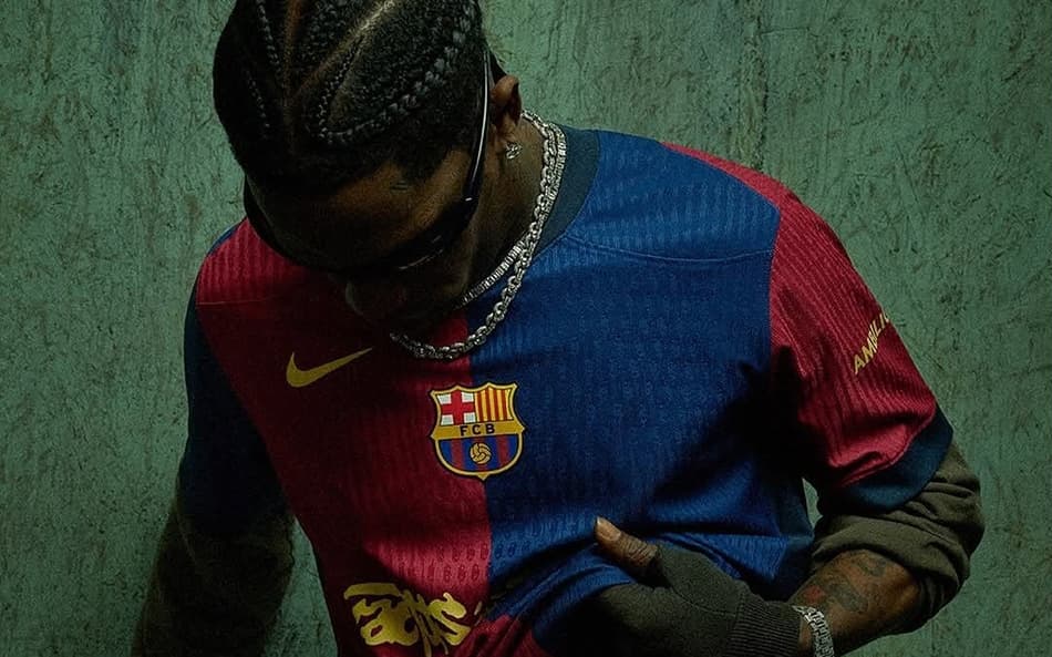 O selo "Cactus Jack" pertence à marca pessoal de Travis Scott, e estampará a camisa do Barcelona no El Clásico (Foto: Divulgação/Barcelona)