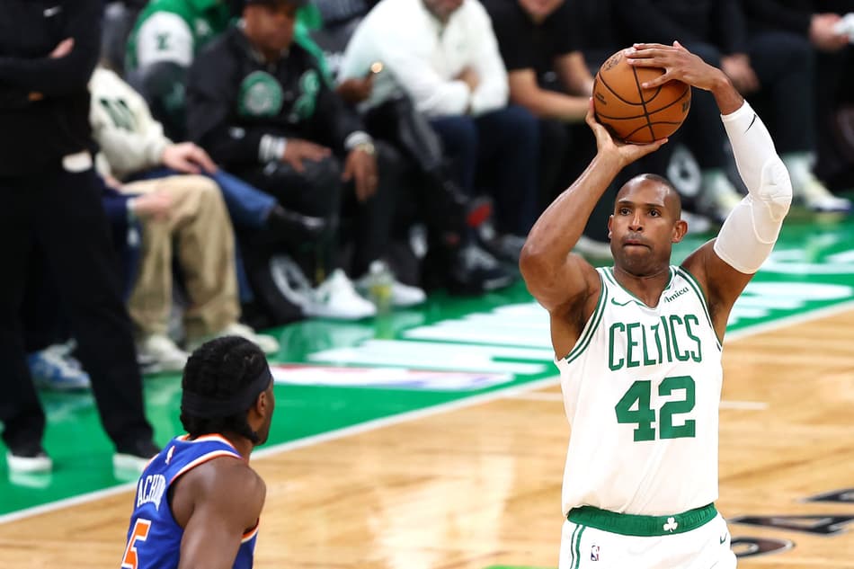 BOSTON, MASSACHUSETTS - MAY 05: Al Horford #42 of the Boston Celtics shoots the ball against Precious Achiuwa #5 of the New York Knicks during the second quarter in Game One of the Eastern Conference Second Round NBA Playoffs at TD Garden on May 05, 2025 in Boston, Massachusetts. NOTE TO USER: User expressly acknowledges and agrees that, by downloading and or using this photograph, User is consenting to the terms and conditions of the Getty Images License Agreement. Maddie Meyer/Getty Images/AFP (Photo by Maddie Meyer / GETTY IMAGES NORTH AMERICA / Getty Images via AFP)