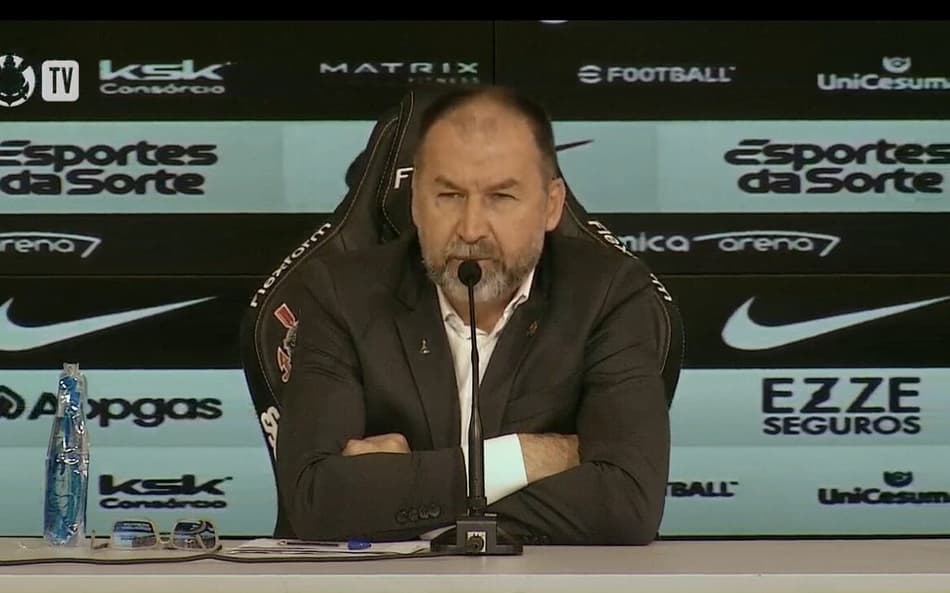 Augusto Melo, presidente do Corinthians, em coletiva (Reprodução: Corinthians TV)