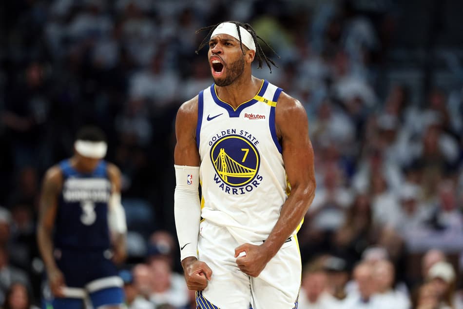 MINNEAPOLIS, MINNESOTA - MAY 08: Buddy Hield #7 of the Golden State Warriors celebrates his three-point basket against the Minnesota Timberwolves in the third quarter of Game Two of the Western Conference Second Round NBA Playoffs at Target Center on May 08, 2025 in Minneapolis, Minnesota. The Timberwolves defeated the Warriors 117-93 to tie the series 1-1. NOTE TO USER: User expressly acknowledges and agrees that, by downloading and or using this photograph, User is consenting to the terms and conditions of the Getty Images License Agreement. David Berding/Getty Images/AFP (Photo by David Berding / GETTY IMAGES NORTH AMERICA / Getty Images via AFP)