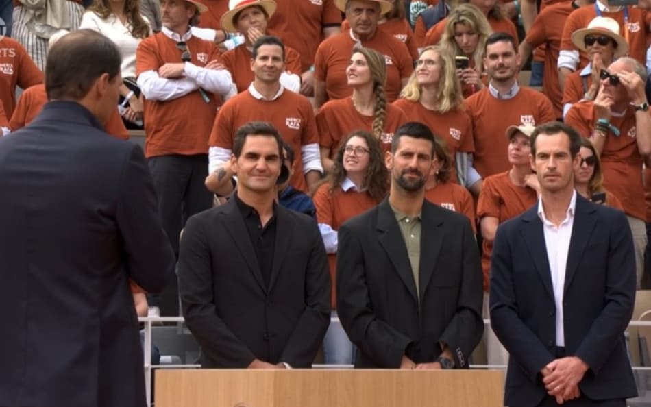 Federer, Djokovic e Murray na homenagem a Nadal em Roland Garros (Divulgação)