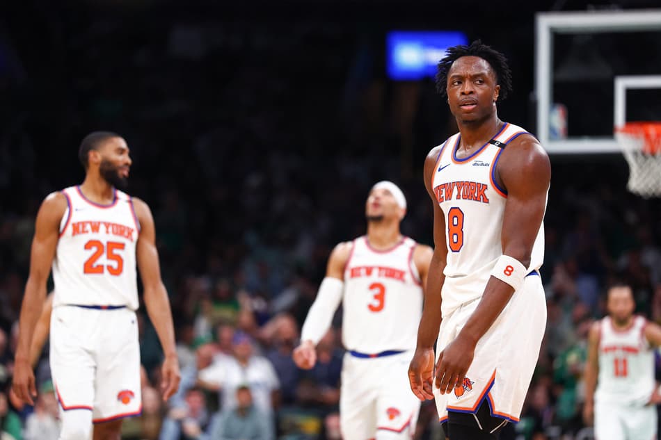 BOSTON, MASSACHUSETTS - MAY 07: OG Anunoby #8 of the New York Knicks reacts during the third quarter against the Boston Celtics in Game Two of the Eastern Conference Second Round NBA Playoffs at TD Garden on May 07, 2025 in Boston, Massachusetts. NOTE TO USER: User expressly acknowledges and agrees that, by downloading and or using this photograph, User is consenting to the terms and conditions of the Getty Images License Agreement. Maddie Meyer/Getty Images/AFP (Photo by Maddie Meyer / GETTY IMAGES NORTH AMERICA / Getty Images via AFP)