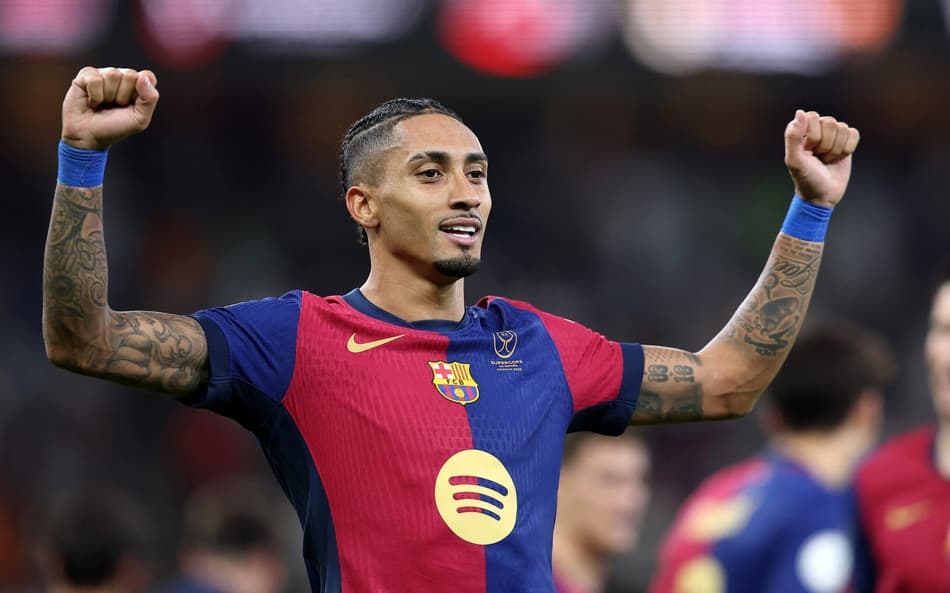 Jogos de hoje: Raphinha, atacante do Barcelona, comemora gol contra o Real Madrid na Supercopa da Espanha (Foto: Haitham-Shukairi/AFP)