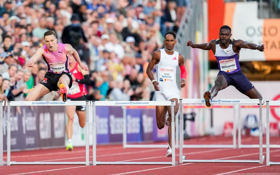 Karsten Warholm, Alison Piu dos Santos e Rai Benjamin na Diamond League Oslo. (foto: Fredrik Varfjell / NTB / AFP) / Norway OUT / NORWAY OUT / NORWAY OUT