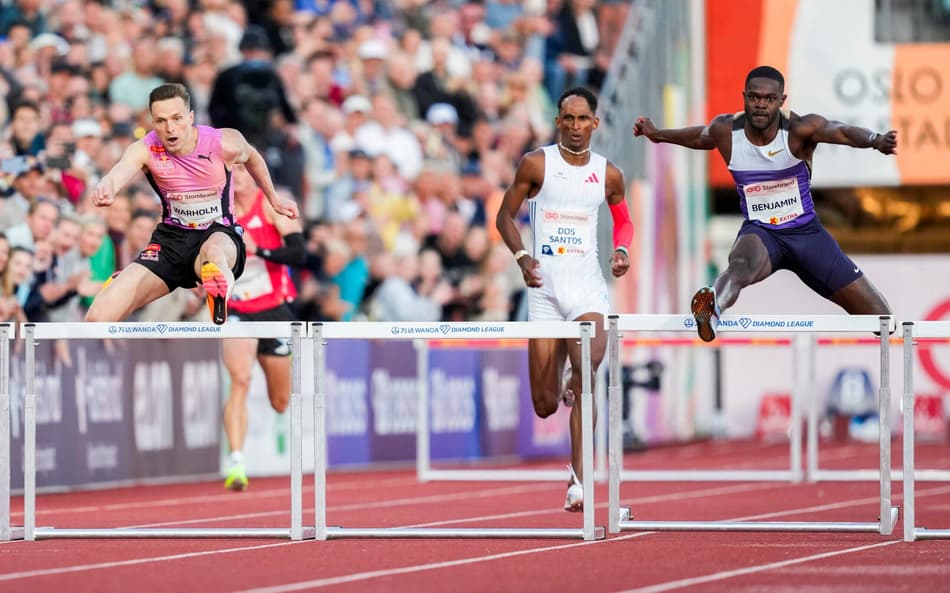 Karsten Warholm, Alison Piu dos Santos e Rai Benjamin na Diamond League Oslo. (foto: Fredrik Varfjell / NTB / AFP) / Norway OUT / NORWAY OUT / NORWAY OUT