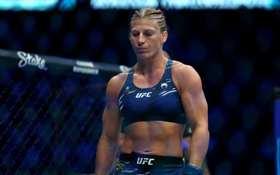 NEWARK, NEW JERSEY - JUNE 07: Kayla Harrison of the United States enters the octagon before the bantamweight bout against Julianna Pena of the United States during UFC 316 at the Prudential Center on June 07, 2025 in Newark, New Jersey. Elsa/Getty Images/AFP (Photo by ELSA / GETTY IMAGES NORTH AMERICA / Getty Images via AFP)