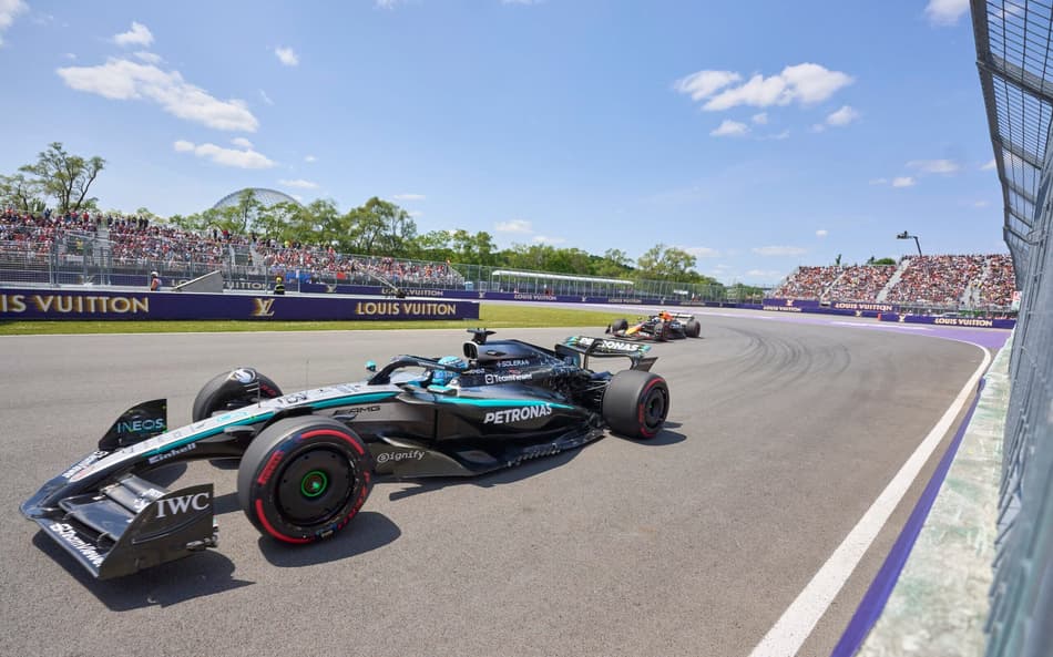 Mercedes' British driver George Russell races during the first practice session for the 2025 Formula 1 Grand Prix du Canada at Circuit Gilles-Villeneuve in Montreal, Canada, on June 13, 2025. (Photo by Geoff Robins / AFP)