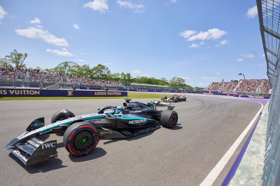 Mercedes' British driver George Russell races during the first practice session for the 2025 Formula 1 Grand Prix du Canada at Circuit Gilles-Villeneuve in Montreal, Canada, on June 13, 2025. (Photo by Geoff Robins / AFP)