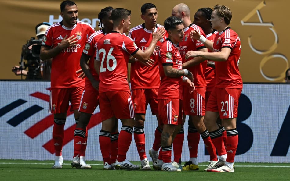 Benfica comemora gol diante do Bayern de Munique (Foto: Paul ELLIS / AFP)