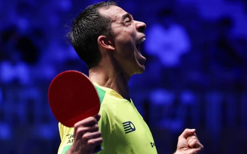 Hugo Calderano (BRA) vence Alexis Lebrun (FRA), semifinal do WTT Star Contender da Eslovênia (foto: World Table Tennis)