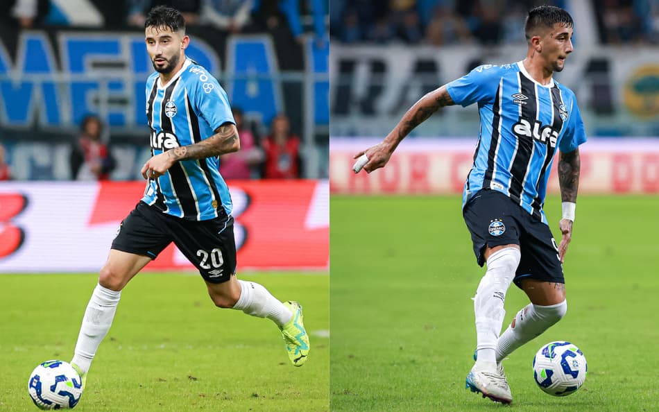Villasanti e Cristian Olivera em jogos do Grêmio. (Fotos: Maxi Franzoi/AGIF)