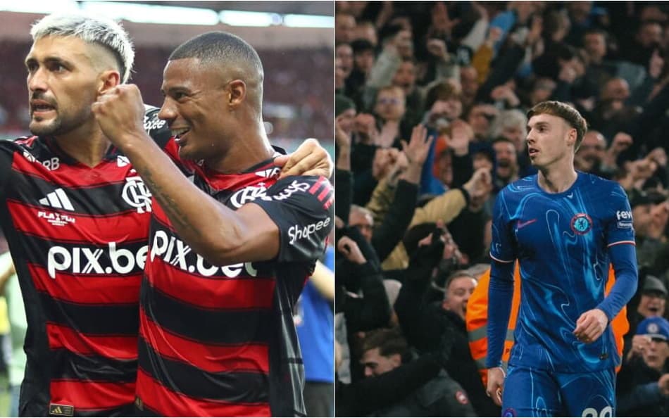 Arrascaeta e De La Cruz comemorando gol pelo Flamengo/Cole Palmer em ação pelo Chelsea