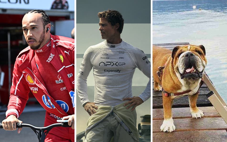 Lewis hamilton, Brad Pitt e Roscoe são 'estrelas' do filme da Fórmula 1 (Fotos: AFP, Apple Studios e Instagram)