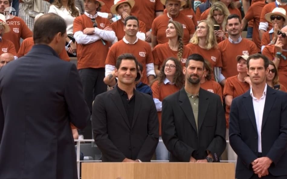 Federer, Djokovic e Murray na homenagem a Nadal em Roland Garros (Divulgação)