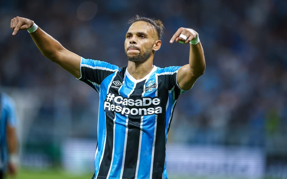 Braithwaite comemora gol pelo Grêmio. (Foto: Lucas Uebel/Grêmio FBPA)
