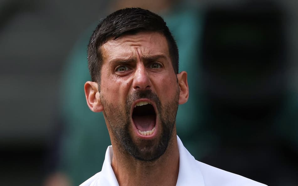 O sérvio Novak Djokovic comemora ponto na partida contra o australiano Alex De Minaur (Foto: Adrian Dennis / AFP)