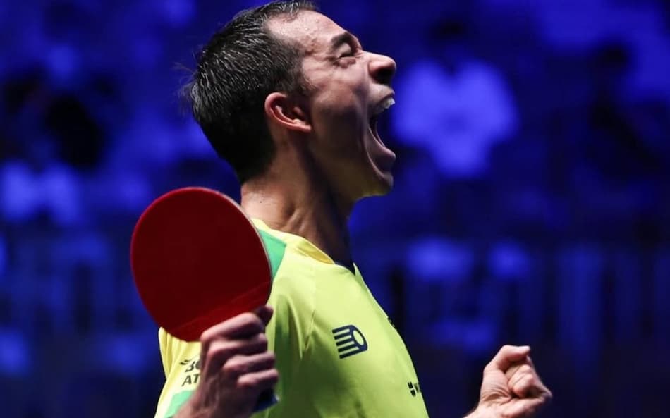 Hugo Calderano (BRA) vence Alexis Lebrun (FRA), semifinal do WTT Star Contender da Eslovênia (foto: World Table Tennis)