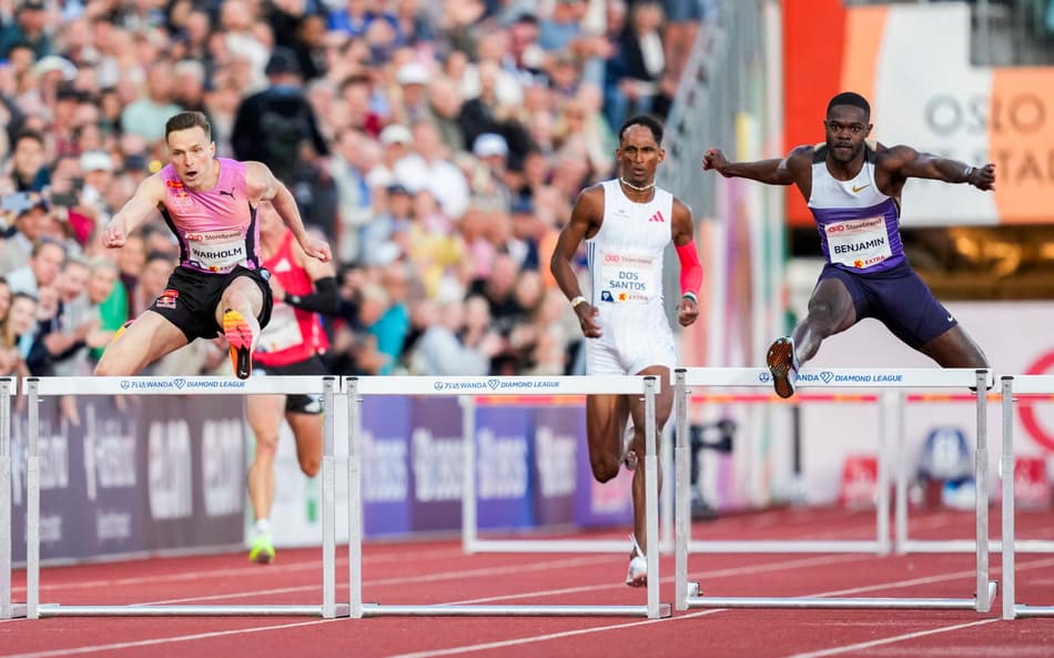 Karsten Warholm, Alison Piu dos Santos e Rai Benjamin na Diamond League Oslo. (foto: Fredrik Varfjell / NTB / AFP) / Norway OUT / NORWAY OUT / NORWAY OUT