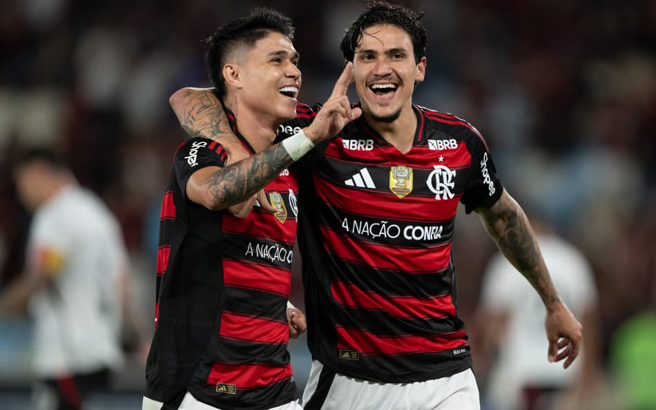 Luiz Araújo e Pedro comemoram gol do Flamengo contra o Vitória no Brasileirão (Foto: Jorge Rodrigues/AGIF)