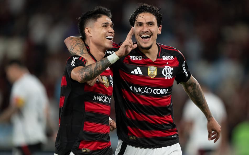 Luiz Araújo e Pedro comemoram gol do Flamengo contra o Vitória (Foto: Jorge Rodrigues/AGIF)
