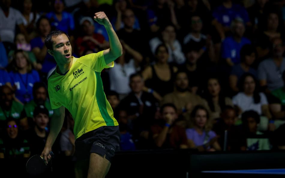 Hugo Calderano em ação neste sábado no WTT de Foz do Iguaçu (Foto: Abelardo Mendes Jr/ CalderanoTM)