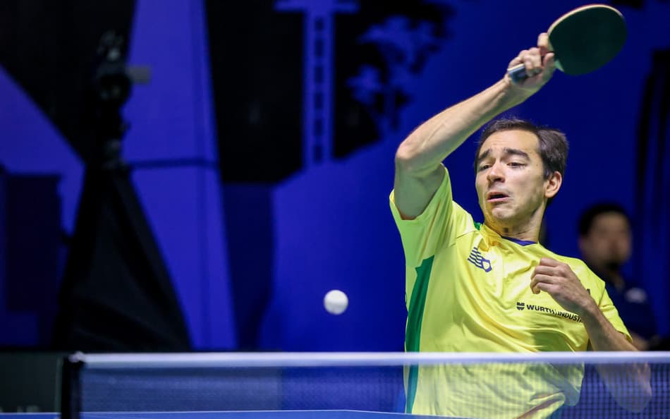 Hugo Calderano na vitória sobre o alemão Wim Verdonschot no WTT Star Contender Foz do Iguaçu (Foto: Abelardo Mendes Jr/ CalderanoTM)