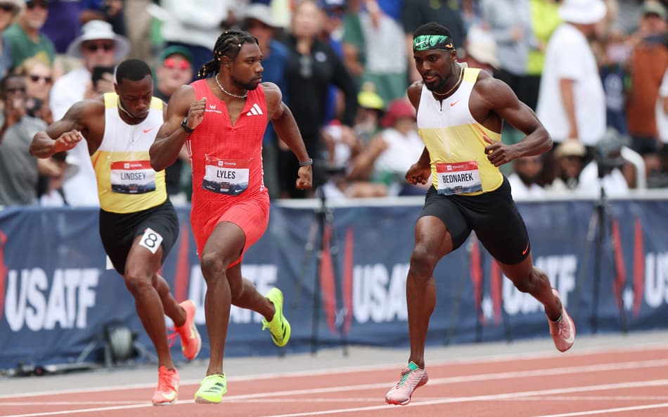 Noah Lyles provoca adversário em prova dos 200m nos Estados Unidos (Foto: Emilee Chinn/Getty Images/AFP)