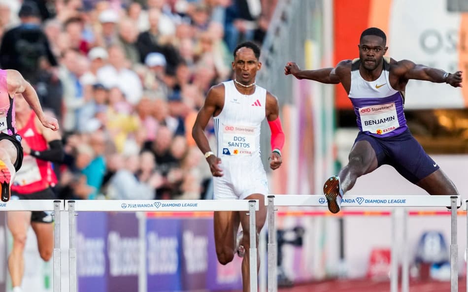 Karsten Warholm, Alison Piu dos Santos e Rai Benjamin na Diamond League Oslo. (foto: Fredrik Varfjell / NTB / AFP) / Norway OUT / NORWAY OUT / NORWAY OUT
