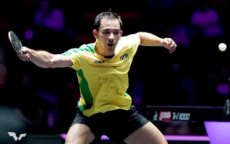 Hugo Calderano na vitória na estreia do WTT de Macau (Divulgação/WTT)