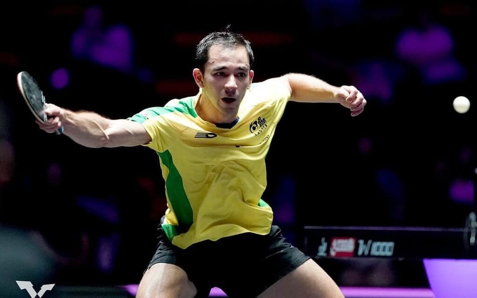 Hugo Calderano na vitória na estreia do WTT de Macau (Divulgação/WTT)