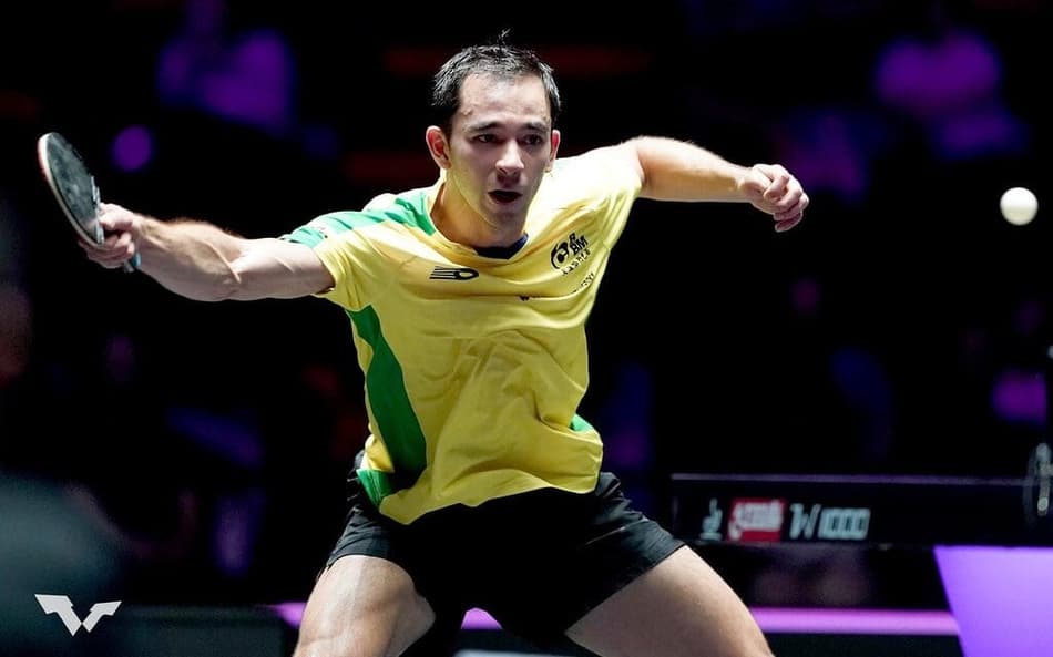 Hugo Calderano na vitória na estreia do WTT de Macau (Divulgação/WTT)