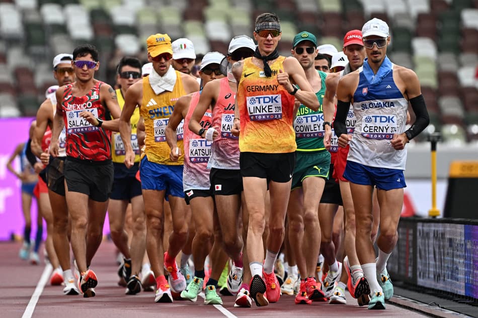 Athletes compete in the men's 35km race walk final during the World Athletics Championships in Tokyo on September 13, 2025. (Photo by Jewel SAMAD / AFP)