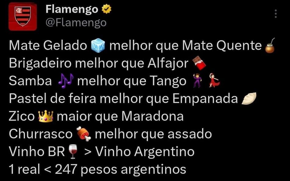 Perfil do Flamengo no X zoa Estudiantes após classificação (Foto: Reprodução)