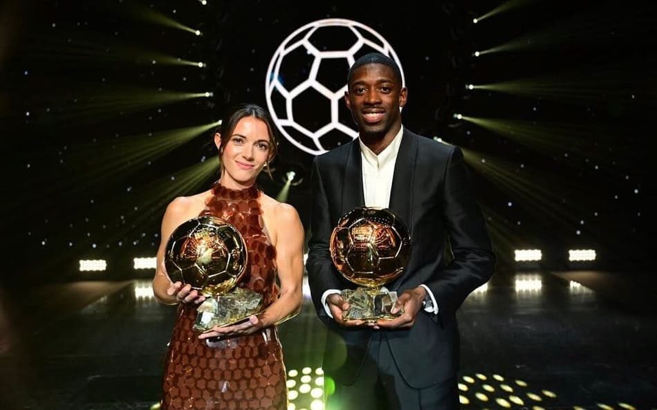 Aitana Bonmatí e Ousmane Dembélé na Bola de Ouro 2025. (Foto: Bola de Ouro/Divulgação)