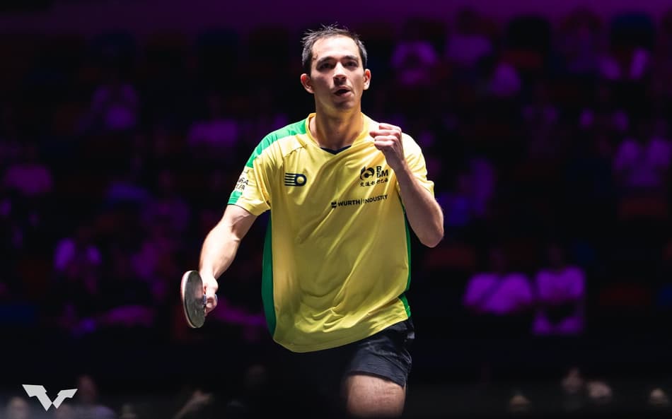 Hugo Calderano na vitória na estreia do WTT de Macau (Divulgação/WTT)