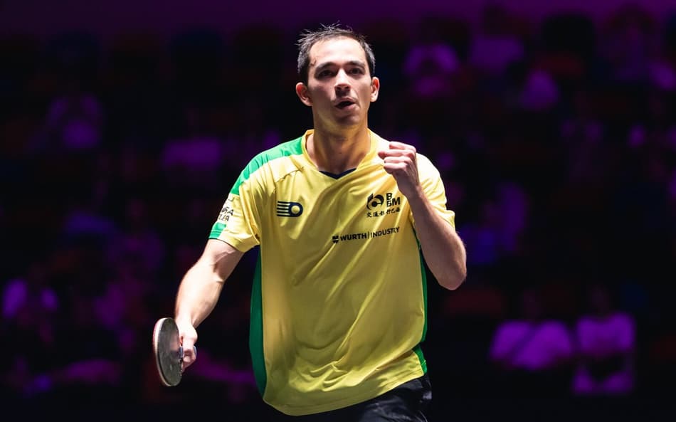 Hugo Calderano na vitória na estreia do WTT de Macau (Divulgação/WTT)
