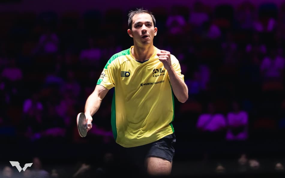 Hugo Calderano na vitória na estreia do WTT de Macau (Divulgação/WTT)