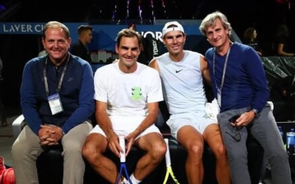 Tony Godsick, Roger Federer, Rafael Nadal e Carlos Costa na Laver Cup 2019