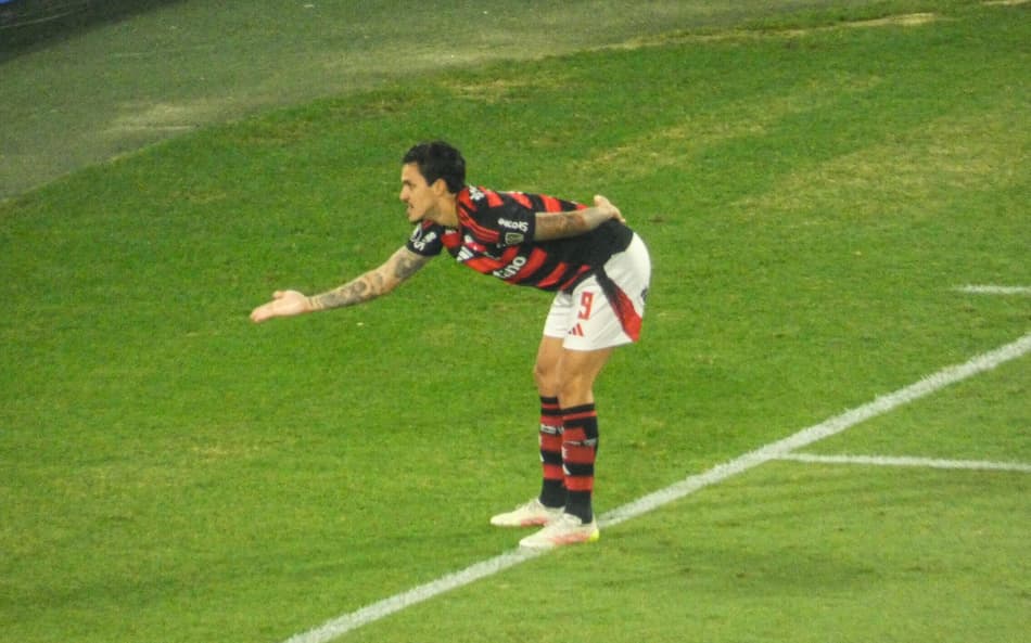 Pedro comemora gol no jogo do Flamengo contra o Estudiantes pela Libertadores