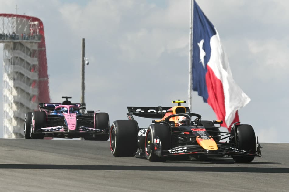 Red Bull Racing's Japanese driver Yuki Tsunoda (R) and Alpine's French driver Pierre Gasly (L) race during the practice session for the United States Formula One Grand Prix at the Circuit of the Americas in Austin, Texas, on October 17, 2025. (Photo by RONALDO SCHEMIDT / AFP)