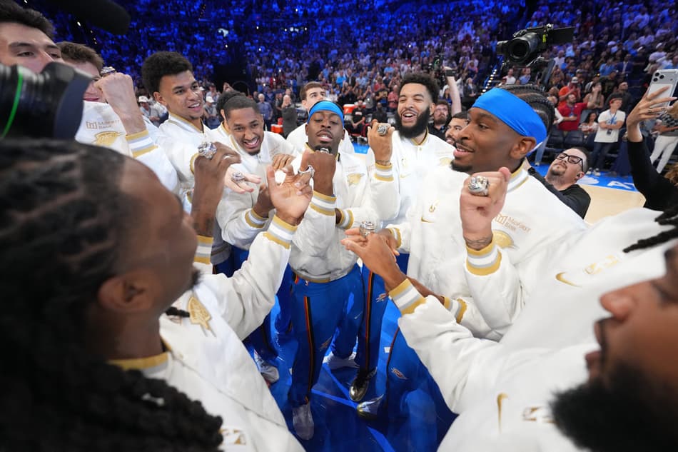 OKLAHOMA CITY, OK - OCTOBER 21: The Oklahoma City Thunder receive their 2024-2025 NBA championship ring before the game against the Houston Rockets on October 21, 2025 at Paycom Center in Oklahoma City, Oklahoma. NOTE TO USER: User expressly acknowledges and agrees that, by downloading and or using this photograph, User is consenting to the terms and conditions of the Getty Images License Agreement. Mandatory Copyright Notice: Copyright 2025 NBAE Jesse D. Garrabrant /NBAE via Getty Images/AFP (Photo by Jesse D. Garrabrant / NBAE / Getty Images / Getty Images via AFP)