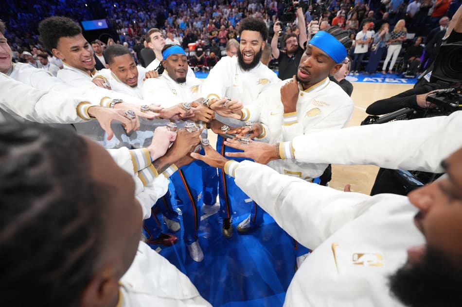 OKLAHOMA CITY, OK - OCTOBER 21: The Oklahoma City Thunder receive their 2024-2025 NBA championship ring before the game against the Houston Rockets on October 21, 2025 at Paycom Center in Oklahoma City, Oklahoma. NOTE TO USER: User expressly acknowledges and agrees that, by downloading and or using this photograph, User is consenting to the terms and conditions of the Getty Images License Agreement. Mandatory Copyright Notice: Copyright 2025 NBAE Jesse D. Garrabrant /NBAE via Getty Images/AFP (Photo by Jesse D. Garrabrant / NBAE / Getty Images / Getty Images via AFP)