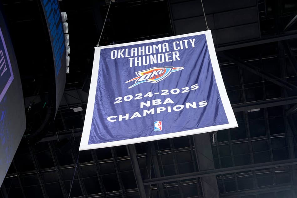 OKLAHOMA CITY, OK - OCTOBER 21: The Oklahoma City Thunder 2024-2025 NBA Championship banner is raised before the game against the Houston Rockets on October 21, 2025 at Paycom Center in Oklahoma City, Oklahoma. NOTE TO USER: User expressly acknowledges and agrees that, by downloading and or using this photograph, User is consenting to the terms and conditions of the Getty Images License Agreement. Mandatory Copyright Notice: Copyright 2025 NBAE Jesse D. Garrabrant /NBAE via Getty Images/AFP (Photo by Jesse D. Garrabrant / NBAE / Getty Images / Getty Images via AFP)