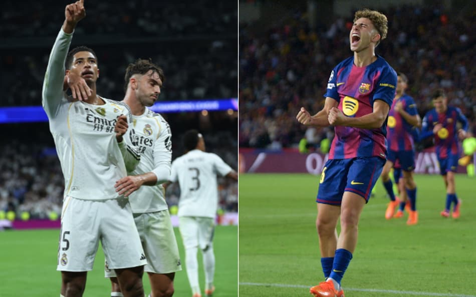 Bellingham e Fermín comemoram gols por Real Madrid e Barcelona na Champions League