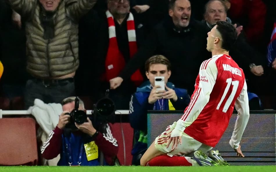 Gabriel Martinelli comemora gol em Arsenal x Atlético de Madrid pela Champions League (Foto: Ben STANSALL / AFP)