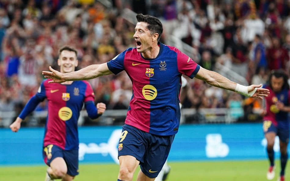 Jeddah, Saudi Arabia. 12th Jan, 2025. Barcelona&#8217;s Polish player Robert Lewandowski celebrates scoring his team&#8217;s second goal during the Spanish Super Cup final match El Clasico between FC Barcelona and Real Madrid at King Abdullah Sports City. Final Score