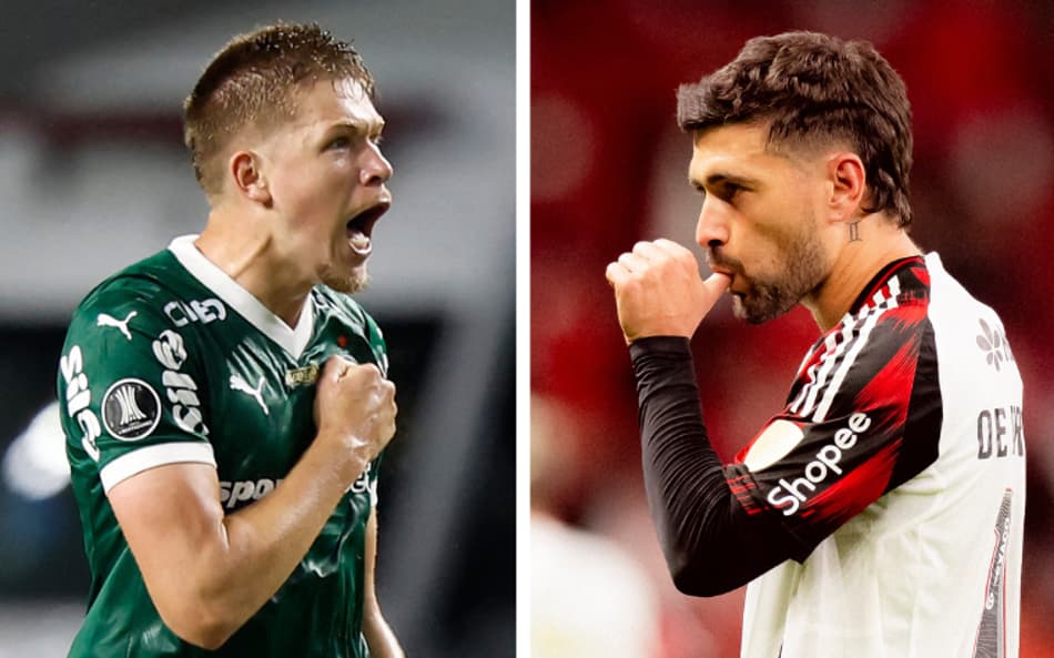 Bruno Fuchs, do Palmeiras, e Arrascaeta, do Flamengo, comemoram gols na Libertadores (Fotos: Miguel Schincariol / AFP e Adriano Fontes / Flamengo)