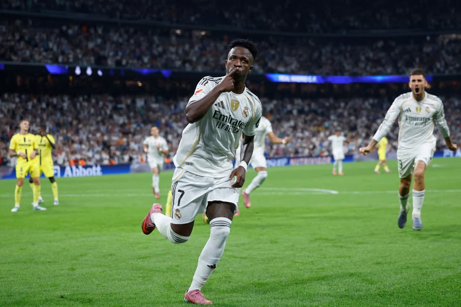 Vini Jr comemora gol do Real Madrid sobre o Villarreal, pela La Liga