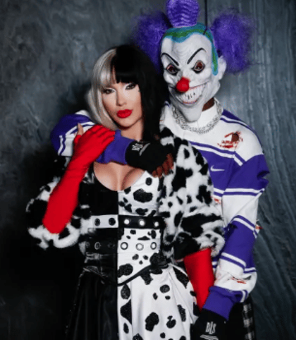 Vinicius Júnior e Virginia fantasiados de palhaço assassino e Cruella