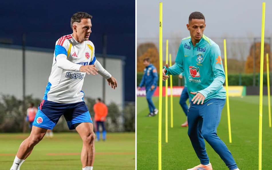 Arias e Juba em treino da Colômbia e do Brasil (Fotos: redes sociais e Rafael Ribeiro / CBF)